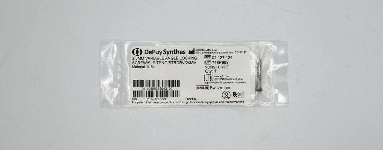 SYNTHES 02.127.124 Depuy Locking Screw, 3.5 dia. x 24 mm Length, Stainless Steel — photo 1