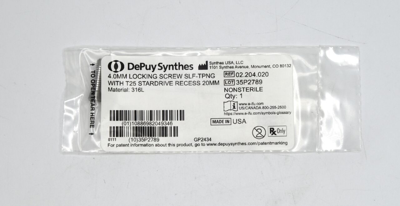 SYNTHES 02.204.020 Locking Screw, Stainless Steel, Self-Tapping, with T25 StarDrive Recess — photo 1