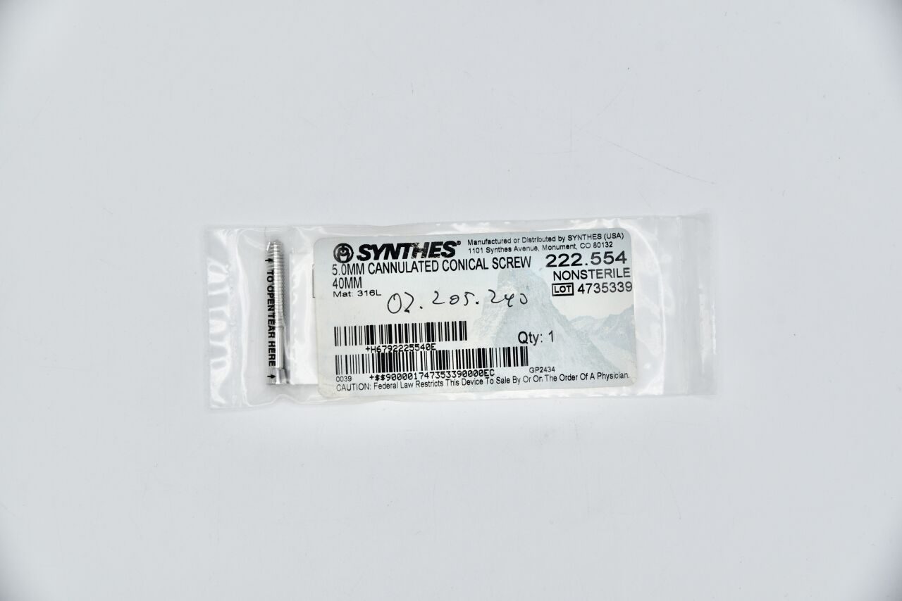 SYNTHES 222.554 Conical Screw, 5 dia. x 40 mm Length, Cannulated
