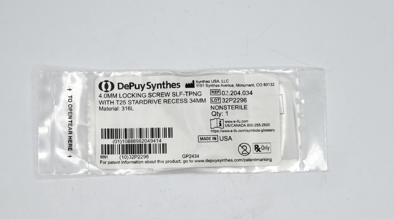 SYNTHES 02.204.034 Depuy Locking Screw, 4 dia. x 34 mm Length, with T25 StarDrive Recess — photo 1
