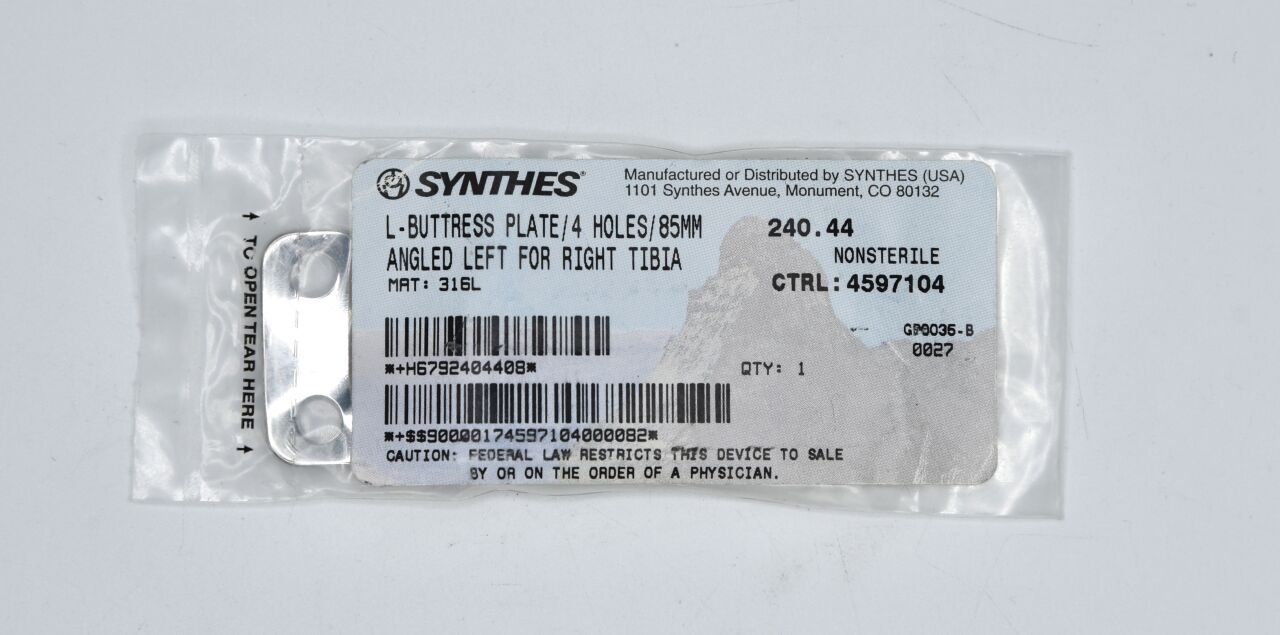SYNTHES 240.44 L-BUTTRESS PLATE/85MM ANGLED LEFT FOR RIGHT TIBIA — photo 1