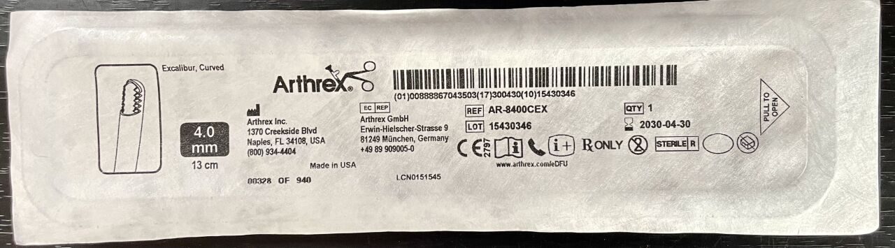 ARTHREX AR-8400CEX Excalibur Curved Arthroscopic Shaver Blade 4.0mm x 13cm