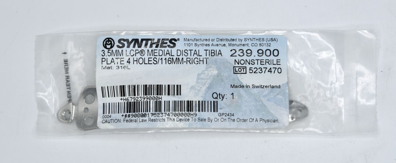 SYNTHES 239.900 NEW Depuy LCP Medial Distal Tibial Plate, 3.5 mm Size, Stainless Steel, 116 mm-Right — photo 1