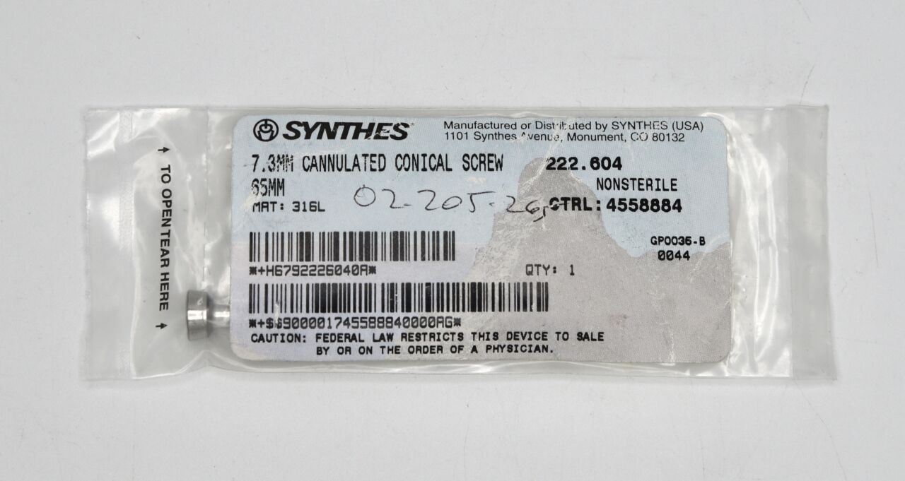 SYNTHES 222.604 Conical Screw, 7.3 dia. x 65 mm Length, Stainless Steel, Cannulated, 5 mm Increments — photo 1