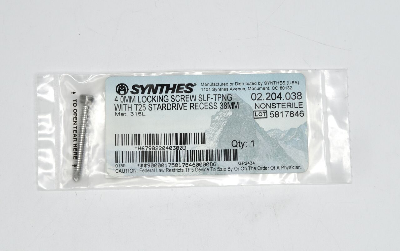 SYNTHES 02.204.038  4.0 mm LOCKING SCREW SLF-TPNG WITH T25 STARDRIVE RECESS — photo 1
