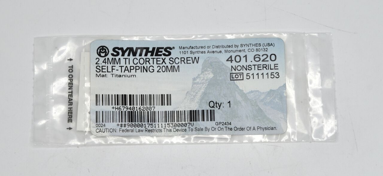 SYNTHES 401.620 DePuy Titanium Self-Tapping Cortex Screw with Cruciform Recess, 2.4 dia. x 20 mm Length — photo 1